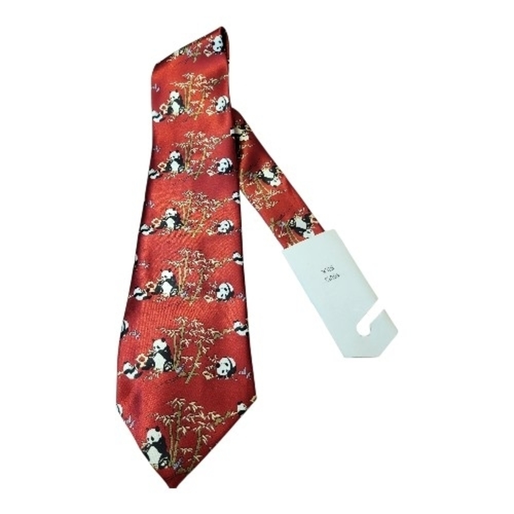 NWT Vintage Men's 90s Red Handmade Panda Bear Silk Necktie- 4" Wide